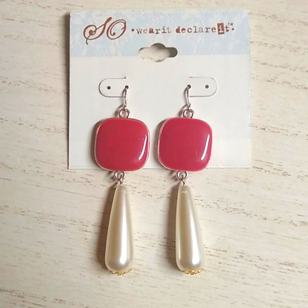 😻 3 For $15 Deep Red Enamel & Pearly Dangles